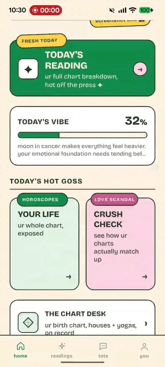 AskTota home screen, a tabloid-style daily reading